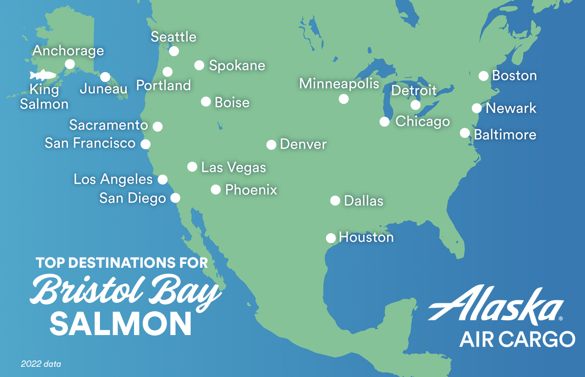 Map showing top destinations from Bristol Bay in 2024