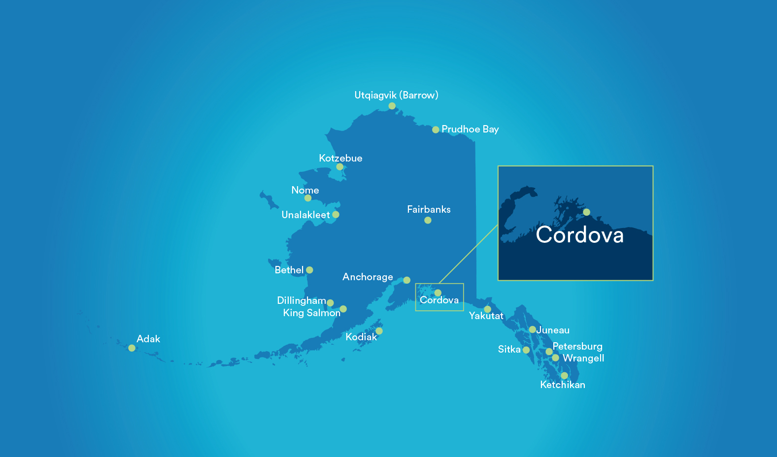 State of Alaska map, highlighting Cordova location