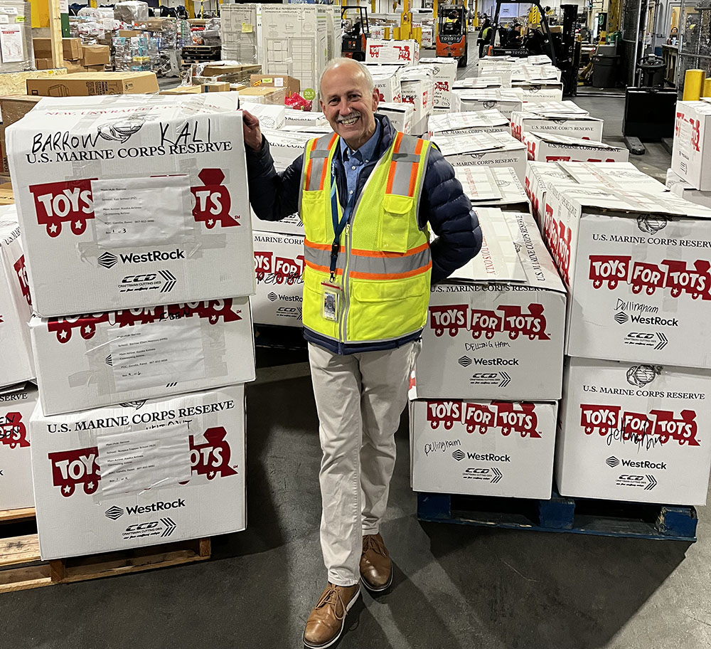Boxes of toys in Alaska Air Cargo warehouse