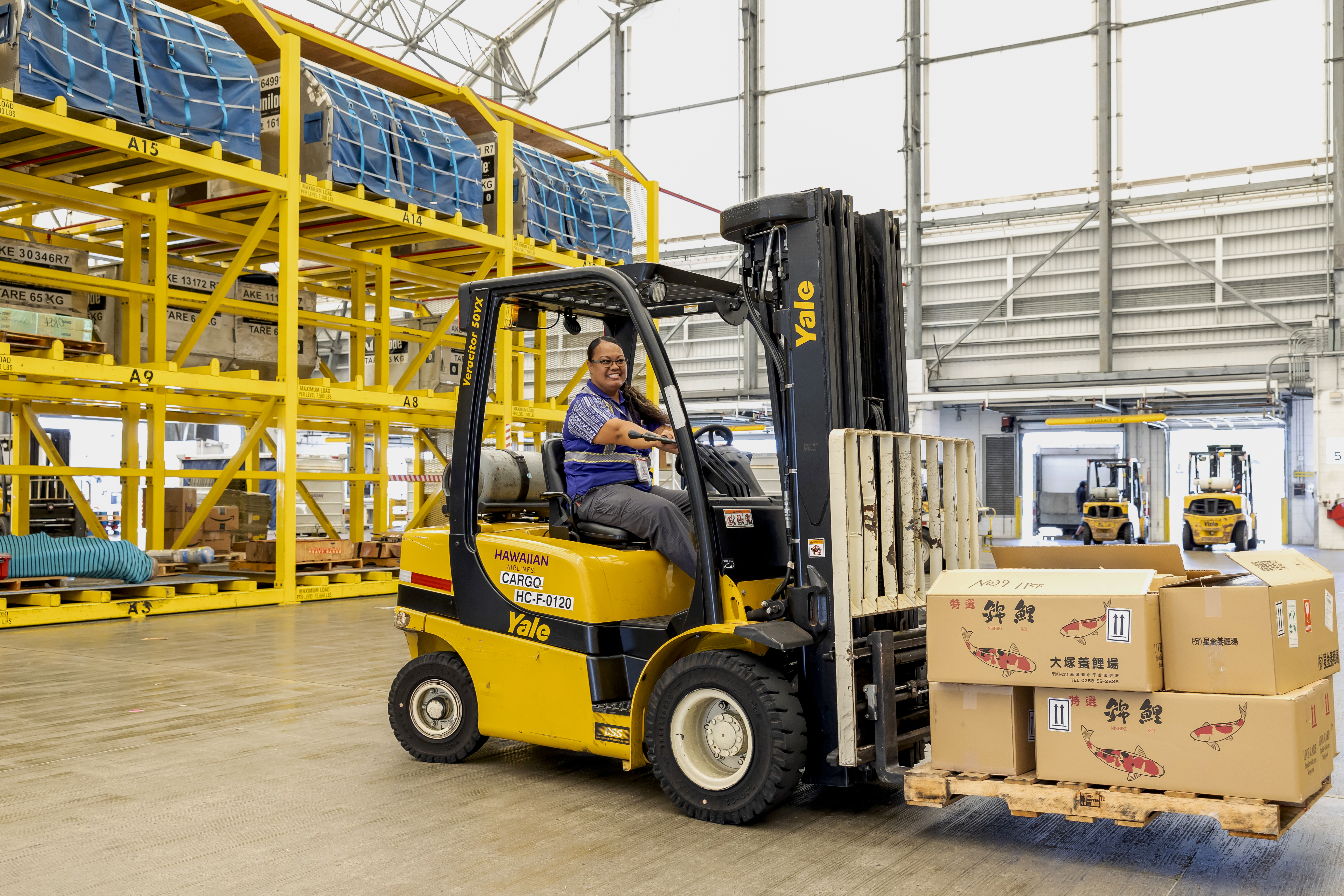 Hawaiian Air Cargo employee driving a forklift