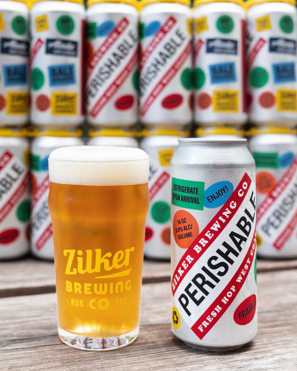 Zilker Brewing fresh hop beer in pint and cans
